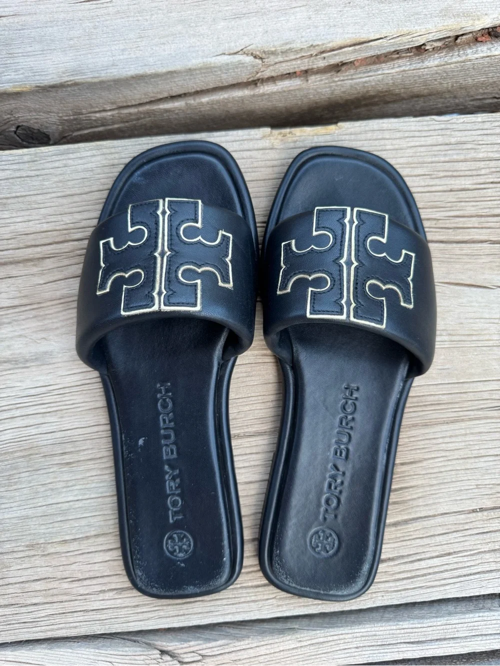 Tory Burch Black Slides with Gold Logo Stitching